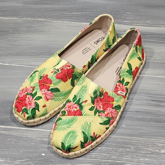 TOMS Shoes Alpargata Rope Yellow Hibiscus Slip On Size 10 - Picture 1 of 8